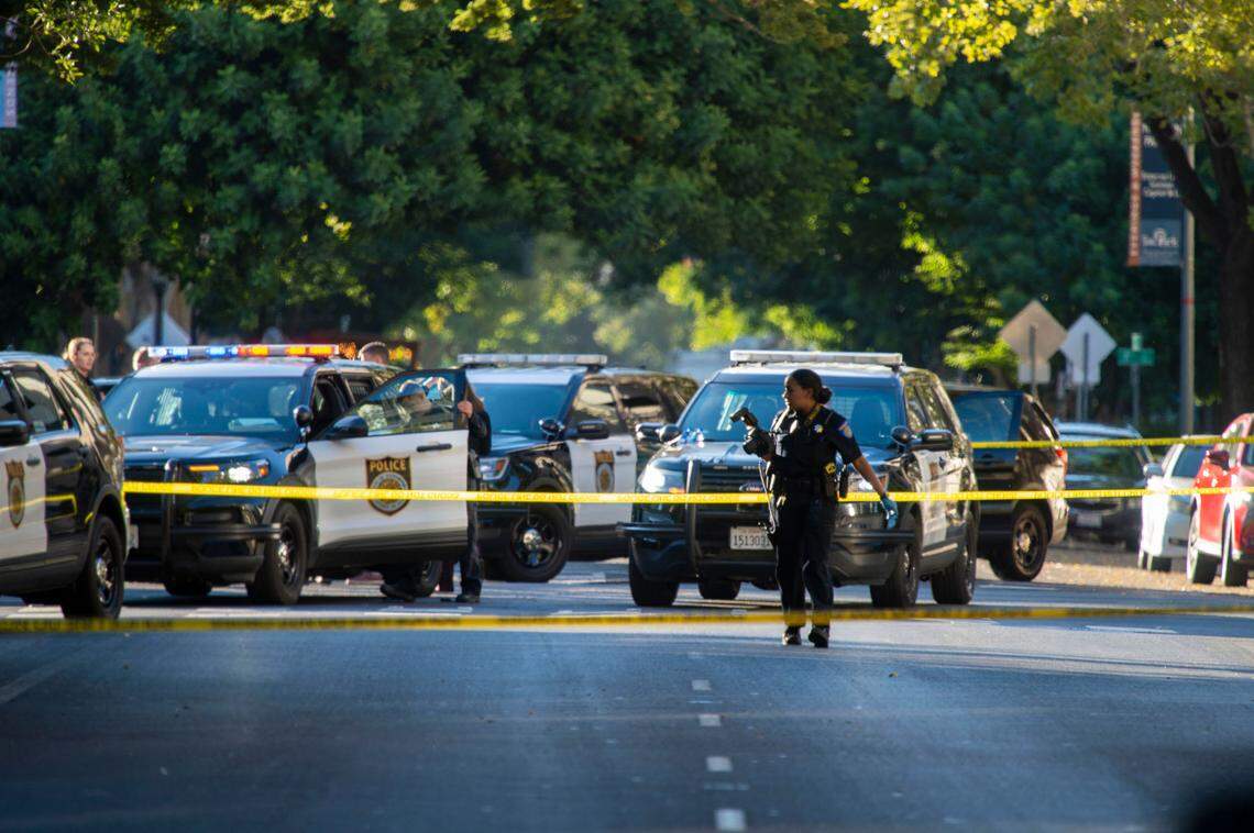 Sacramento police investigate the scene of a shooting outside the Mix nightclub at 16th and L streets in downtown Sacramento on Monday. It was the second mass shooting at a downtown entertainment area in three months.