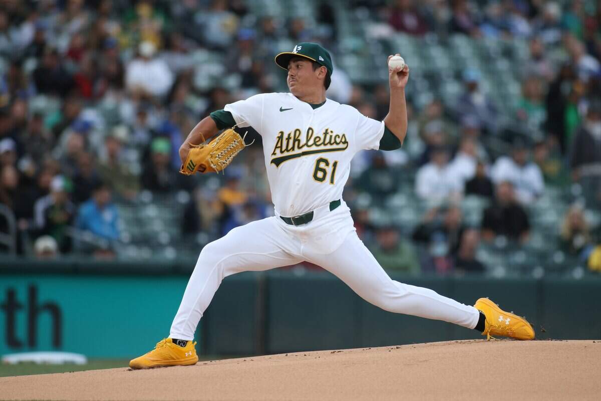 Gage Jump of the Athletics pitches during the first inning of his MLB debut May 26, against the Seattle Mariners at Sutter Health Park in West Sacramento. Jump is set to start against the Giants on Wednesday.