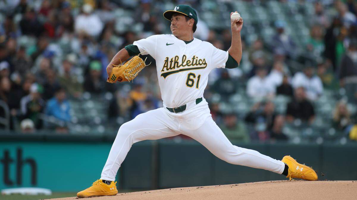 Gage Jump of the Athletics pitches during the first inning of his MLB debut Tuesday against the Seattle Mariners at Sutter Health Park in West Sacramento.