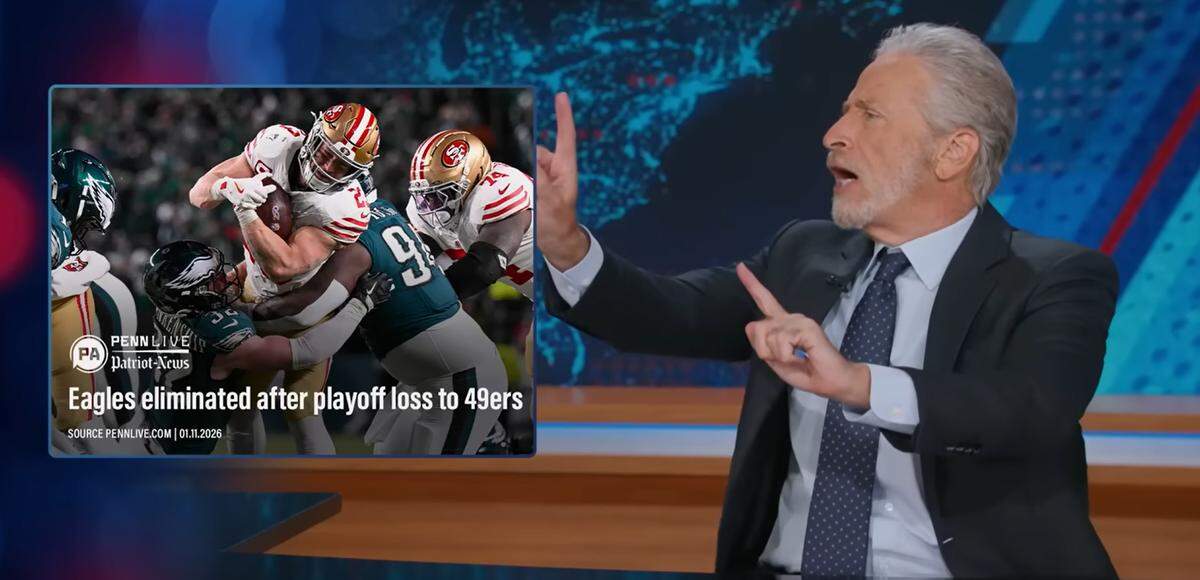 Jon Stewart finds a silver lining from the weekend events, noting on Monday’s episode of “The Daily Show” that, with the San Francisco 49ers beating the Philadelphia Eagles, not all the news was bad.