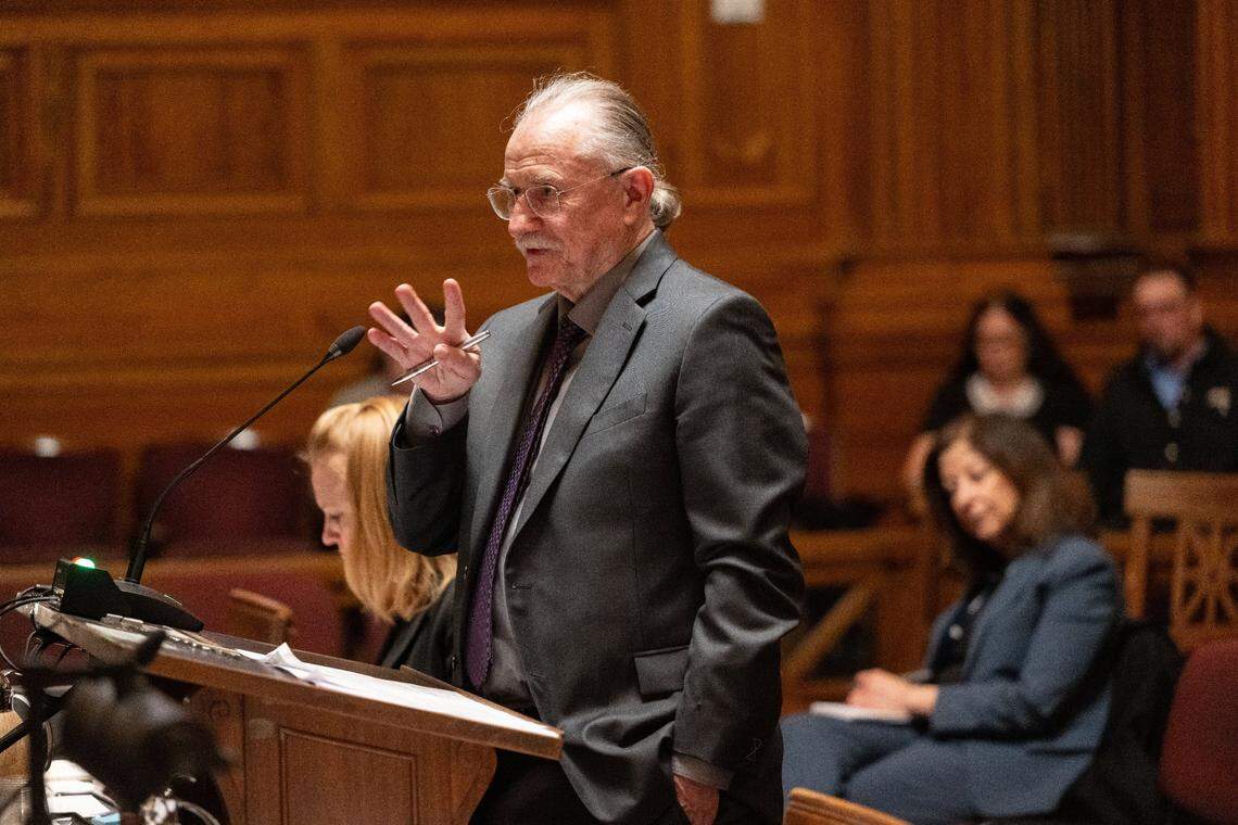 Attorney Michael Clough, who was representing convicted arsonist Raymond Lee Oyler in a death penalty case involving the death of five firefighters, makes his case to the California Supreme Court on Wednesday at the Stanley Mosk Library and Courts Building in downtown Sacramento.