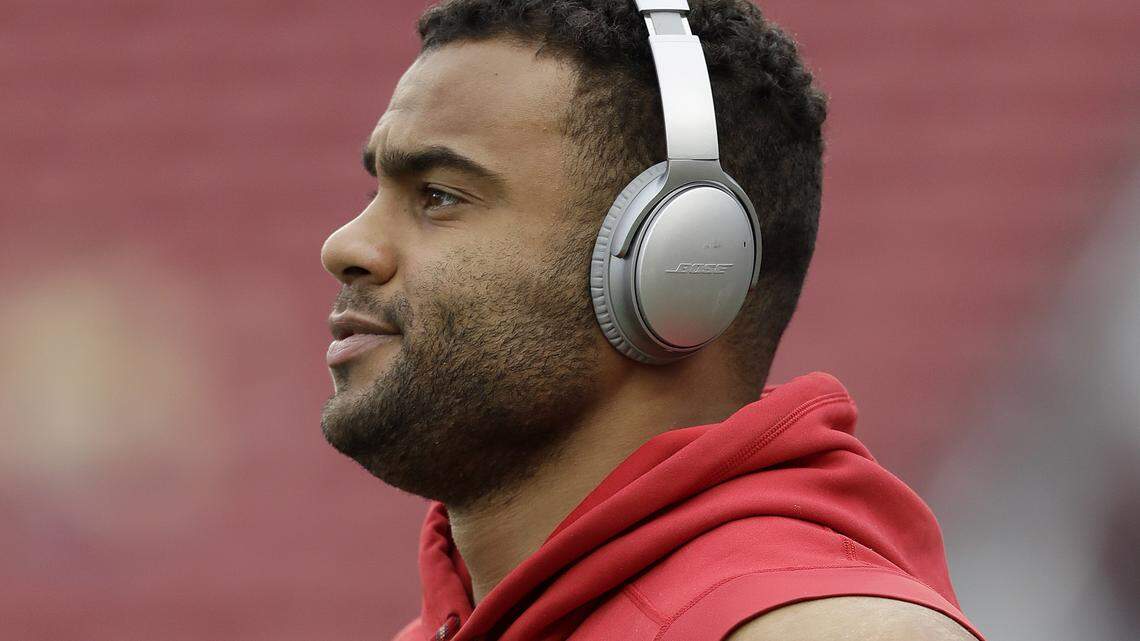 San Francisco 49ers defensive end Solomon Thomas warms up before an NFL football game against the Jacksonville Jaguars in Santa Clara, Calif., Sunday, Dec. 24, 2017.