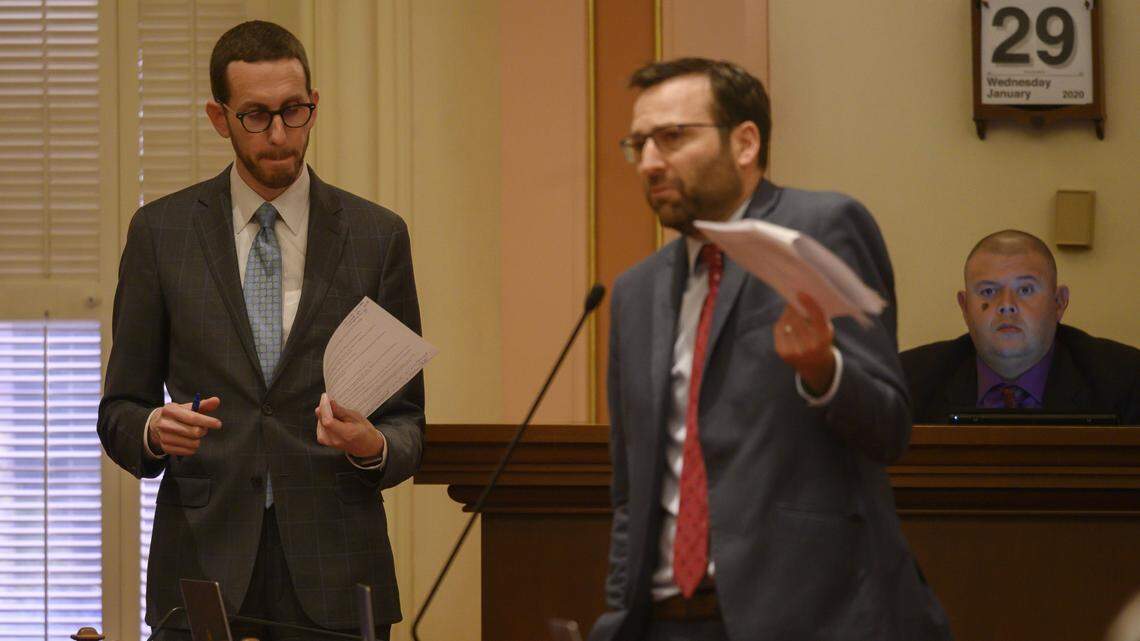 In this 2020 file photo, Sen. Ben Allen, D-Santa Monica, right, author of SB-54, the plastics reduction bill signed by Gov. Gavin Newsom Thursday, discusses legislation at the state Capitol in Sacramento.