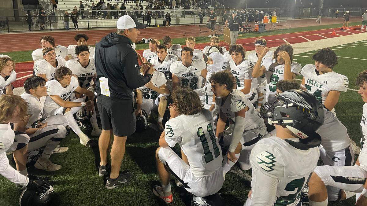 Colfax High School football coach Jason Stowers talks to his team following a 44-13 win over Galt on Friday, Sept. 1, 2023.