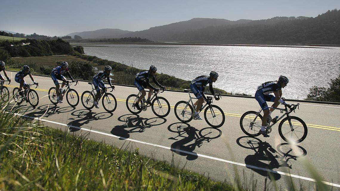 Amgen Tour of California cyclists pass Tomales Bay in 2007. Rescuers saved a man run over by a boat Monday, July 4, in the bay.