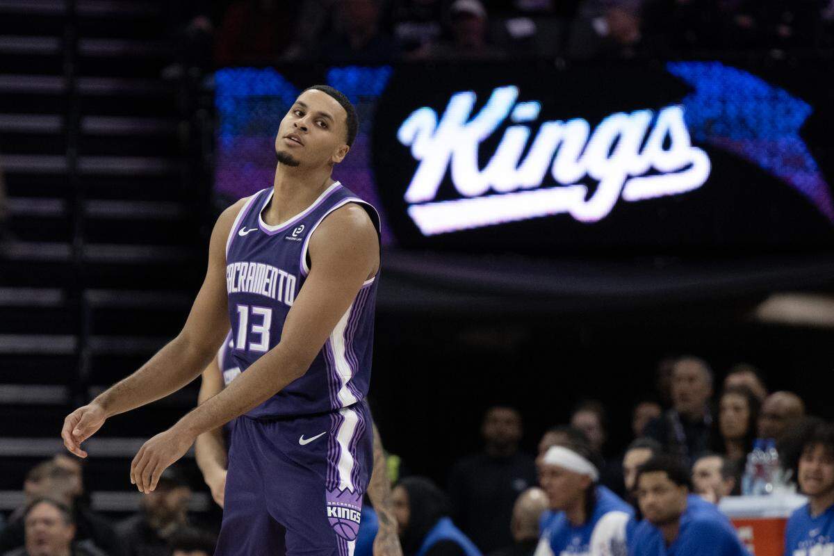 Sacramento Kings forward Keegan Murray (13) reacts after missing a three point shot in the second half against the Orlando Magic on Thursday, Feb. 19, 2026, at golden 1 Center.
