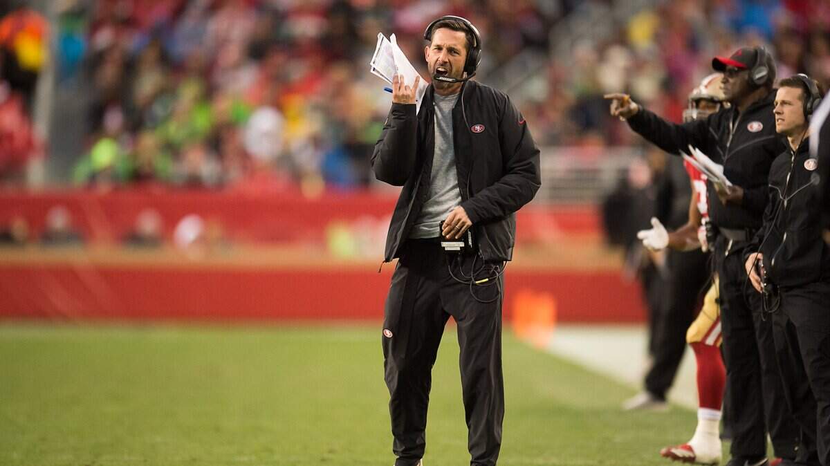 San Francisco 49ers head coach Kyle Shanahan yells play in the fourth quarter in game against the Seattle Seahawks during a game at the Levi’s Stadium on Sunday, December 16, 2018 in Santa Clara.