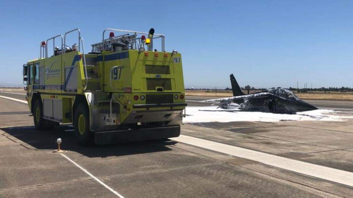 A private jet landed safely at Sacramento's Mather Airport on Thursday without its landing gear. The jet caught fire in midair.