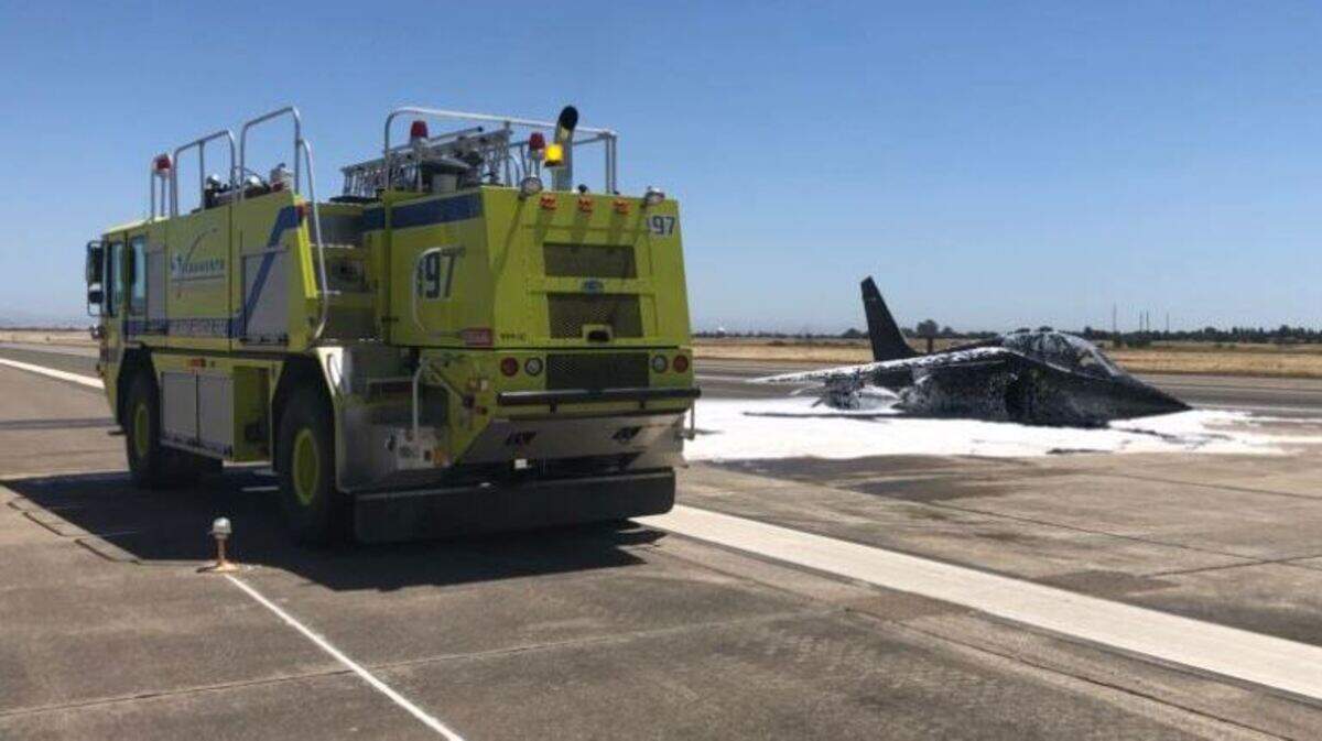 A private jet landed safely at Sacramento's Mather Airport on Thursday without its landing gear. The jet caught fire in midair.