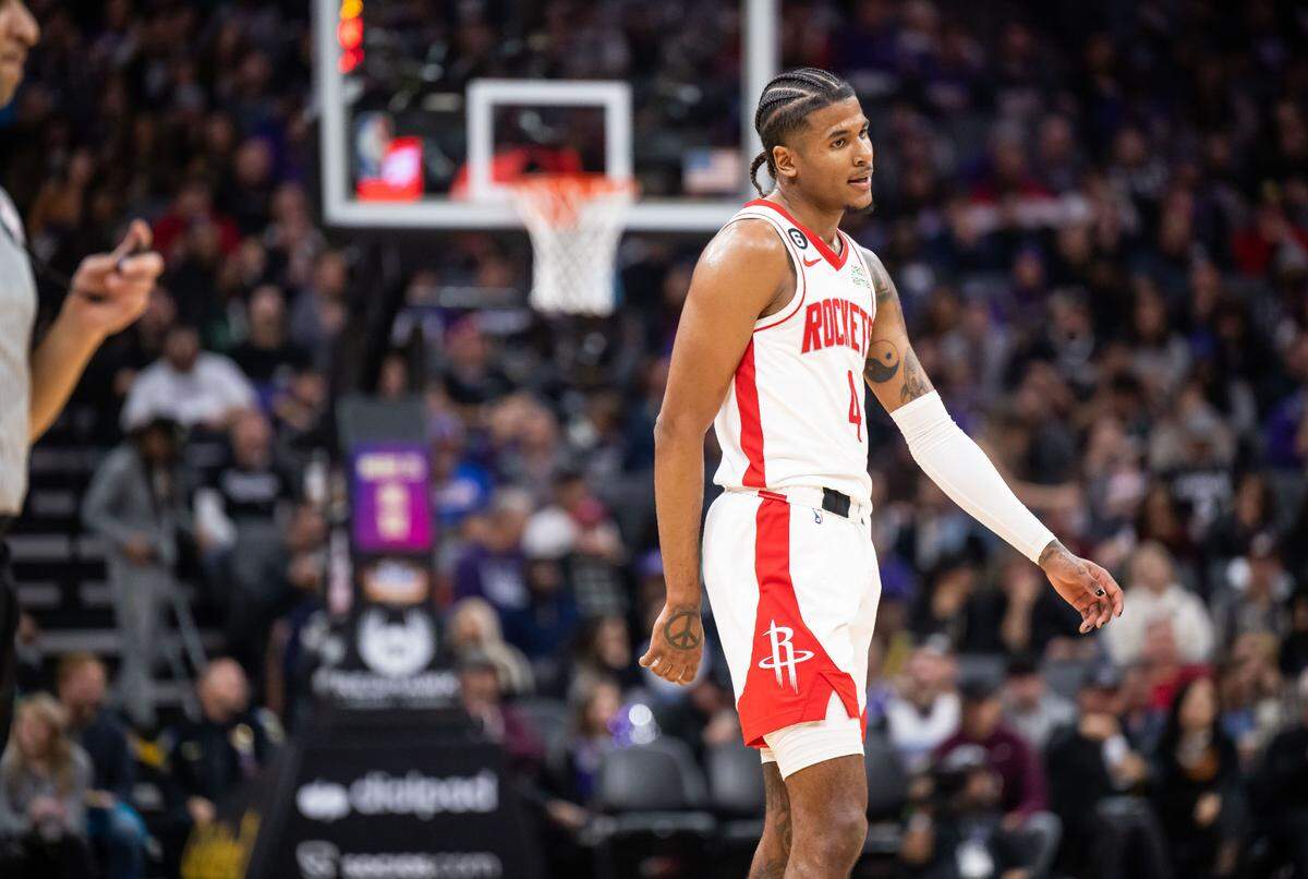Houston Rockets guard Jalen Green (4) reacts to a foul call in favor of the Sacramento Kings during the first half of the NBA basketball game Wednesday, Jan. 11, 2023, at Golden 1 Center in Sacramento.