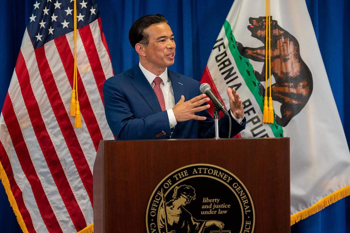Attorney General Rob Bonta speaks after he was sworn in as California’s 34th attorney general on Friday, April 23, 2021 in Sacramento. Bonta, 49, is the first Filipino American to head the state Department of Justice.