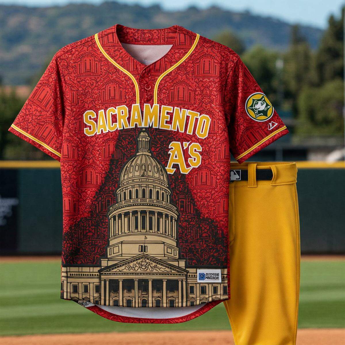 The A’s do not have a a City Connect uniform because the team is not officially connected to a city, even though it is current playing in West Sacramento. What would a uniform with a capitol theme look like? This is an AI-generated image.