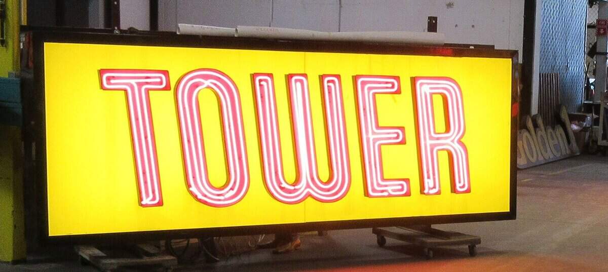 This vintage Tower Records sign is one of six from historic Sacramento businesses that is displayed at Golden 1 Center downtown.