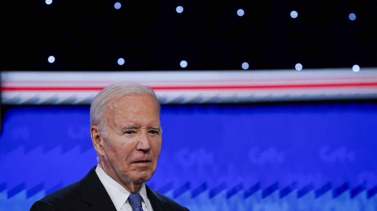 Jun 27, 2024; Atlanta, GA, USA; President Joe Biden during the debate at CNN's studios in Atlanta. CNN Anchors Jake Tapper and Dana Bash are moderators of the debate.  Mandatory Credit: Jack Gruber-USA TODAY