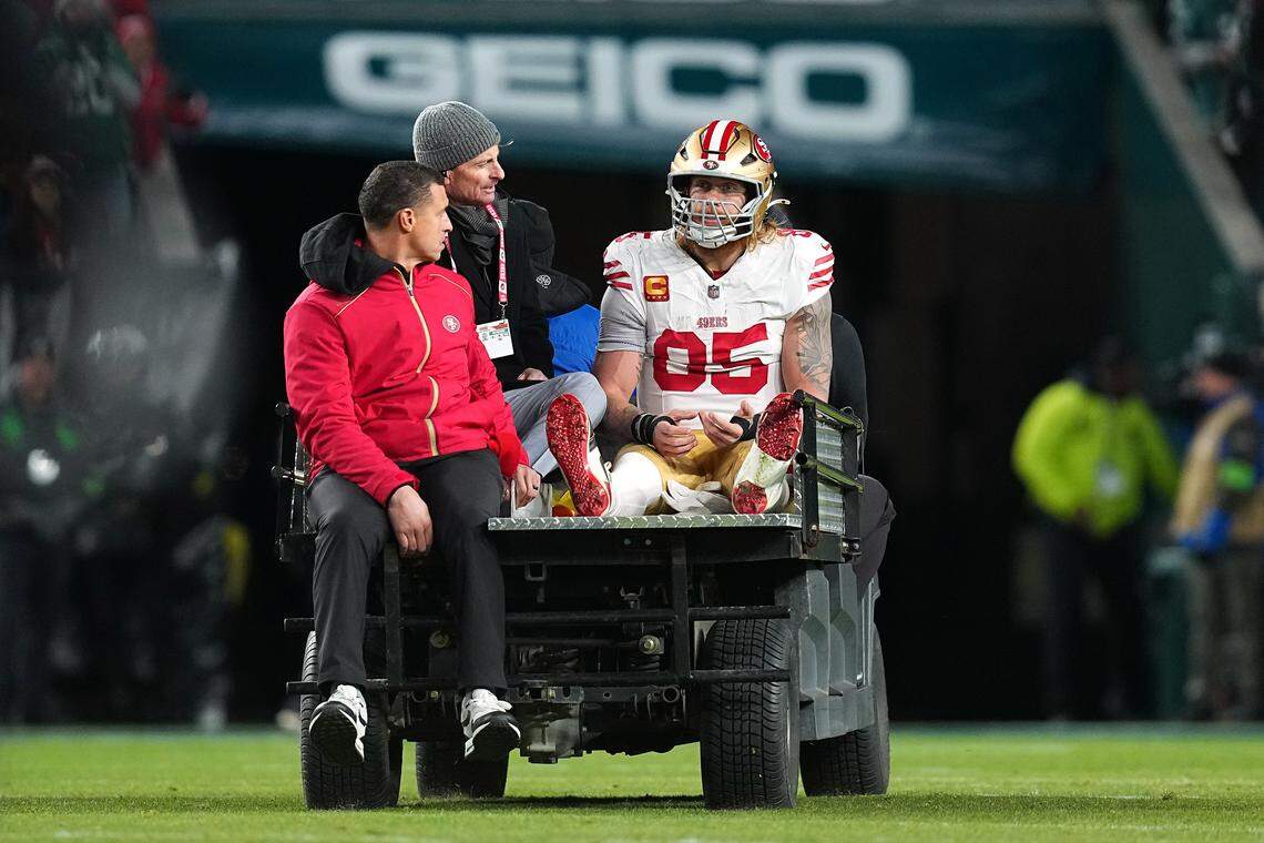 PHILADELPHIA, PENNSYLVANIA - JANUARY 11: George Kittle #85 of the San Francisco 49ers is carted off the field during the second quarter in the NFC Wild Card Playoff game against the Philadelphia Eagles at Lincoln Financial Field on January 11, 2026 in Philadelphia, Pennsylvania. (Photo by Mitchell Leff/Getty Images)