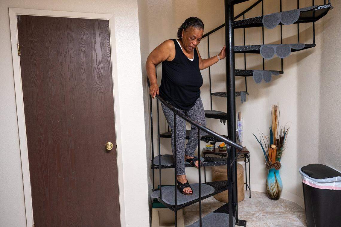 Laura Plummer, 70, said Tuesday, Aug. 3, 2021, that even though her new apartment has a round staircase that is hard to navigate, she is glad to be off the streets. She was selected to participate in the Stockton Economic Empowerment Demonstration, a basic-income pilot program that has provided unconditional cash transfers of $500 a month over the last year and a half.