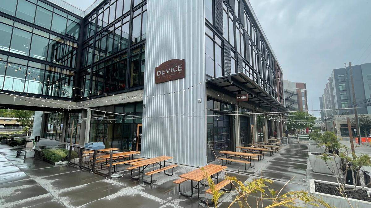 Device Brewing Co.’s taproom location at the midtown Ice Blocks development, 1610 R St. in Sacramento, is seen before business hours Saturday, April 26, 2025. The company will shut down its operations on Sunday.