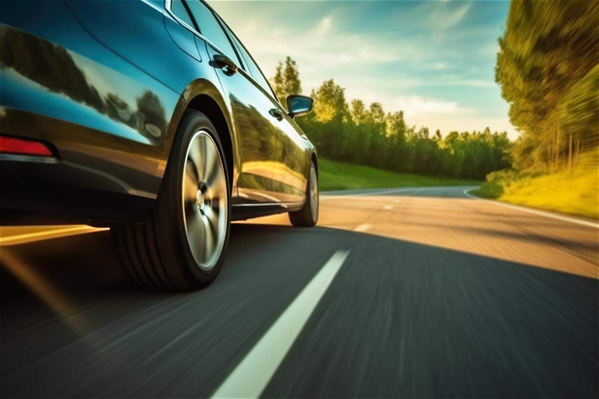 Low angle side view of car speeding along the highway at sunset.
