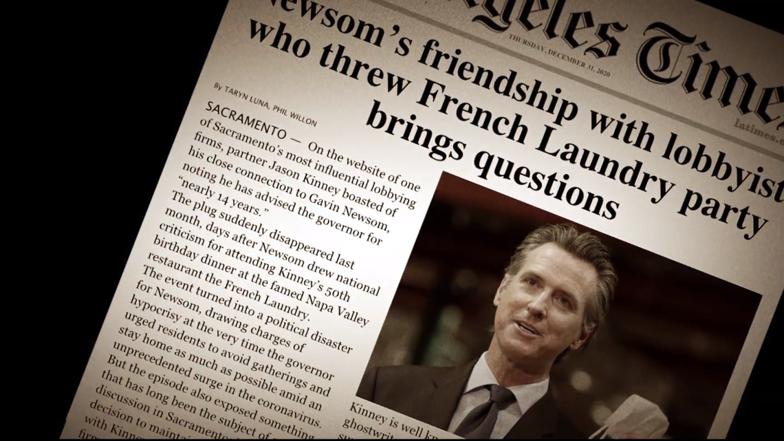 In this screenshot from Republican candidate John Cox’s recent campaign ad, Democrat Gov. Gavin Newsom is criticized for dining with lobbyists at the French Laundry in November. The campaign to recall Newsom has yet to qualify for an election, but opponents are already preparing to take on the governor.