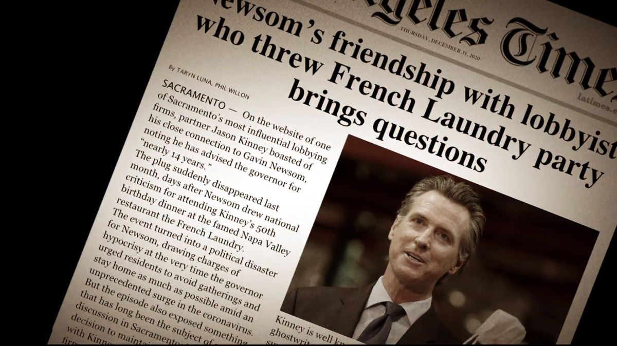 In this screenshot from Republican candidate John Cox’s 2021 campaign ad, Democrat Gov. Gavin Newsom is criticized for dining with lobbyists at the French Laundry that November. Some of Newsom’s recent bill signing decisions reflected elitism and self absorption.