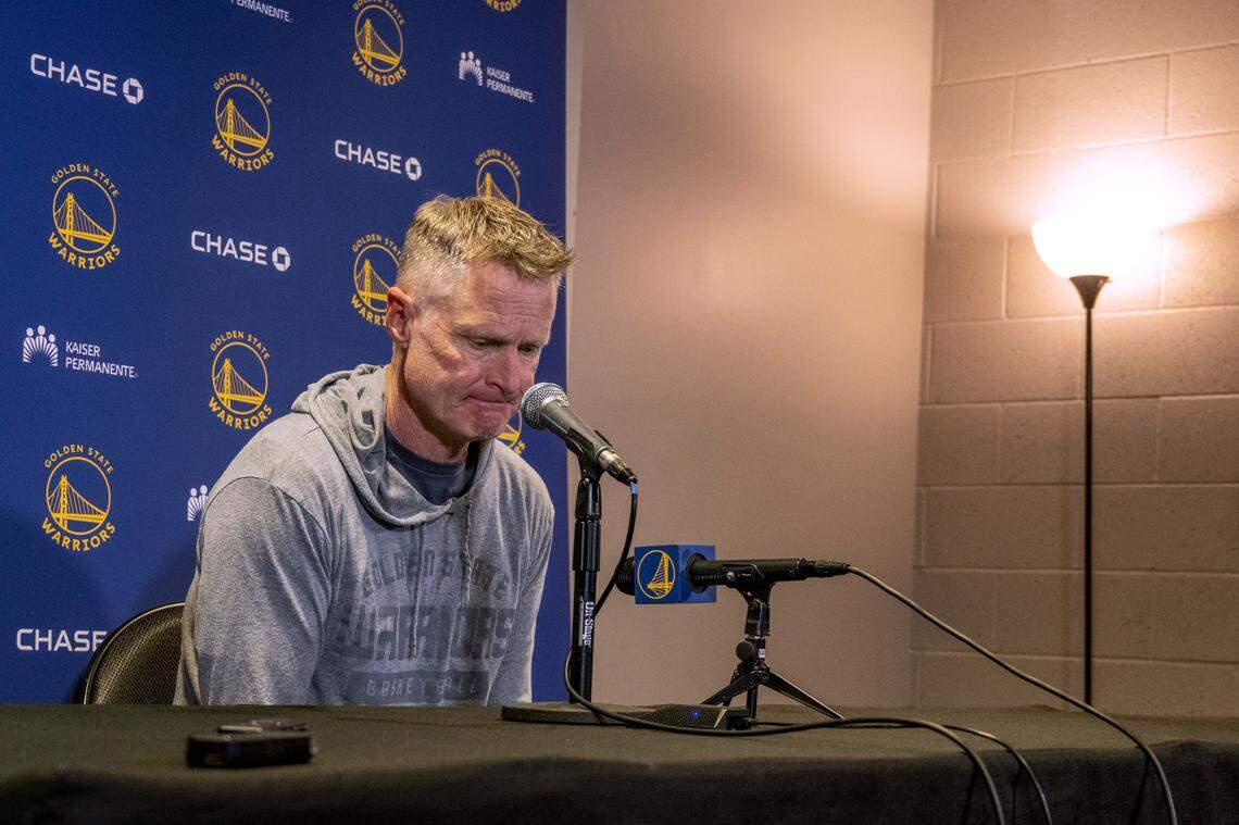 Golden State Warriors coach Steve Kerr speaks Sunday, April 3, 2022, to local media about gun legislation, following the shooting that left six people dead and 12 injured early Saturday in Sacramento. Kerr spoke before the team’s NBA basketball game against the Sacramento Kings.