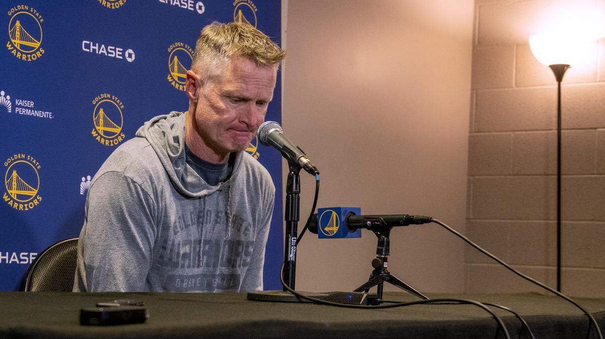 Golden State Warriors coach Steve Kerr speaks Sunday, April 3, 2022, to local media about gun legislation, following the shooting that left six people dead and 12 injured early Saturday in Sacramento. Kerr spoke before the team’s NBA basketball game against the Sacramento Kings.
