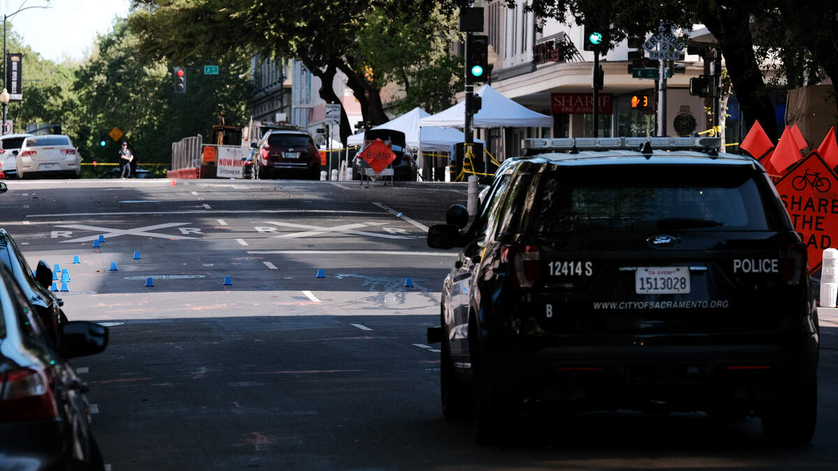 A Sacramento police vehicle in downtown in 2022. The ACLU found that Black drivers in Sacramento were stopped more often and searched at higher rates.