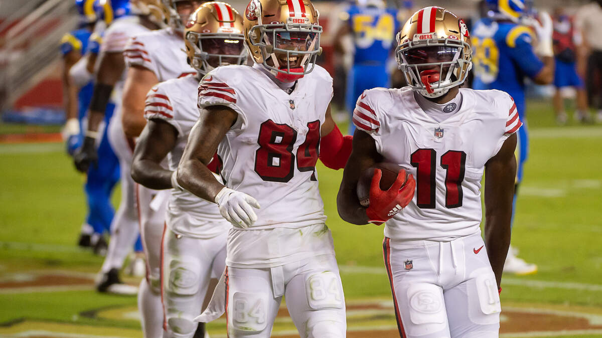 San Francisco 49ers wide receiver Brandon Aiyuk (11) and San Francisco 49ers wide receiver Kendrick Bourne (84) celebrate touchdown in the second quarter during a game at Levi’s Stadium on Sunday, Oct. 18, 2020 in Santa Clara.