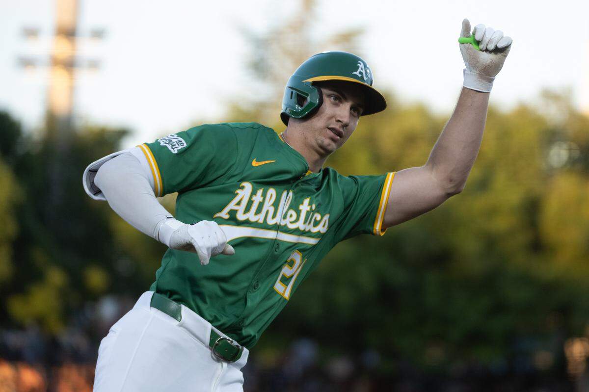 Athletics outfielder Tyler Soderstrom rounds the bases after hitting a solo homer in the fourth inning on San Francisco Giants pitcher Hayden Birdsong during a game at Sutter Health Park on Sunday, July 6, 2025, in West Sacramento.