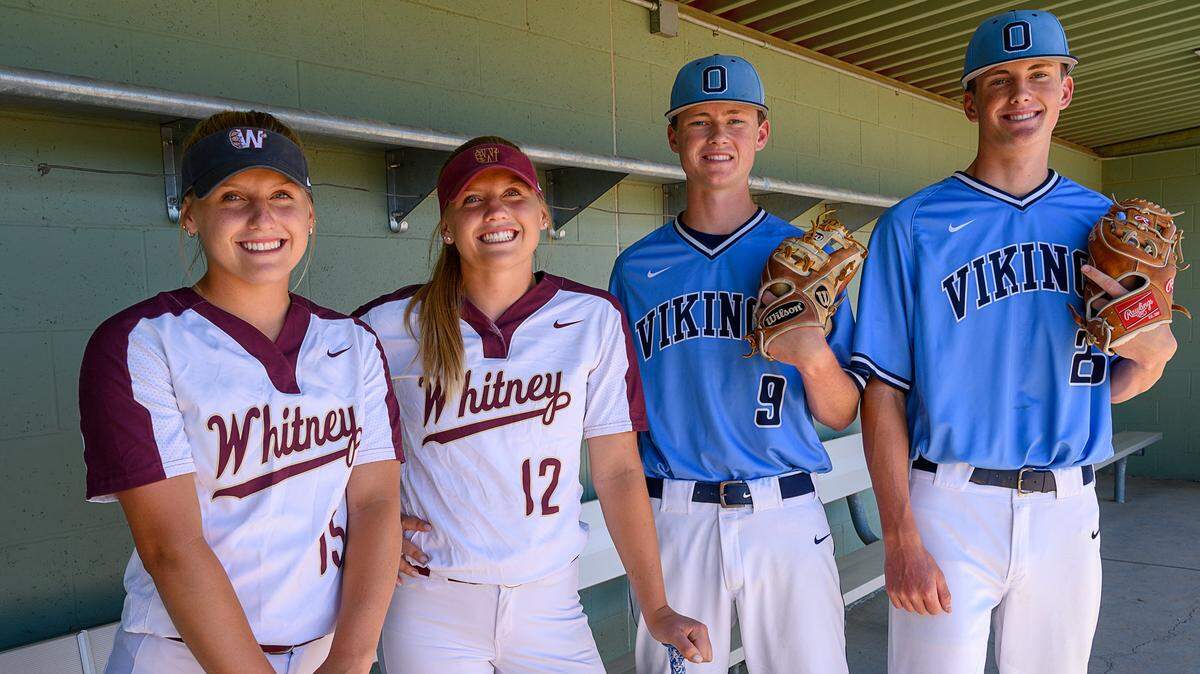 Bee Players of the Year are twin sisters Mazie, left, and Mackenzie McFarlane of the Whitney High School softball team and brothers Greg, left, and T.J. Nichols of the Oakmont High School baseball team. Photographed on Thursday, June 6, 2019.
