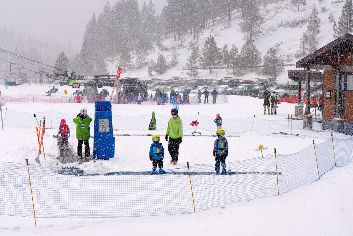 Children received lessons at Diamond Peak Ski Resort in Incline Village, Nevada on April 2, 2025. The ski resort received 26 inches of snow during a storm that began March 30, according to Diamond Peak resort spokesperson Paul Raymore.