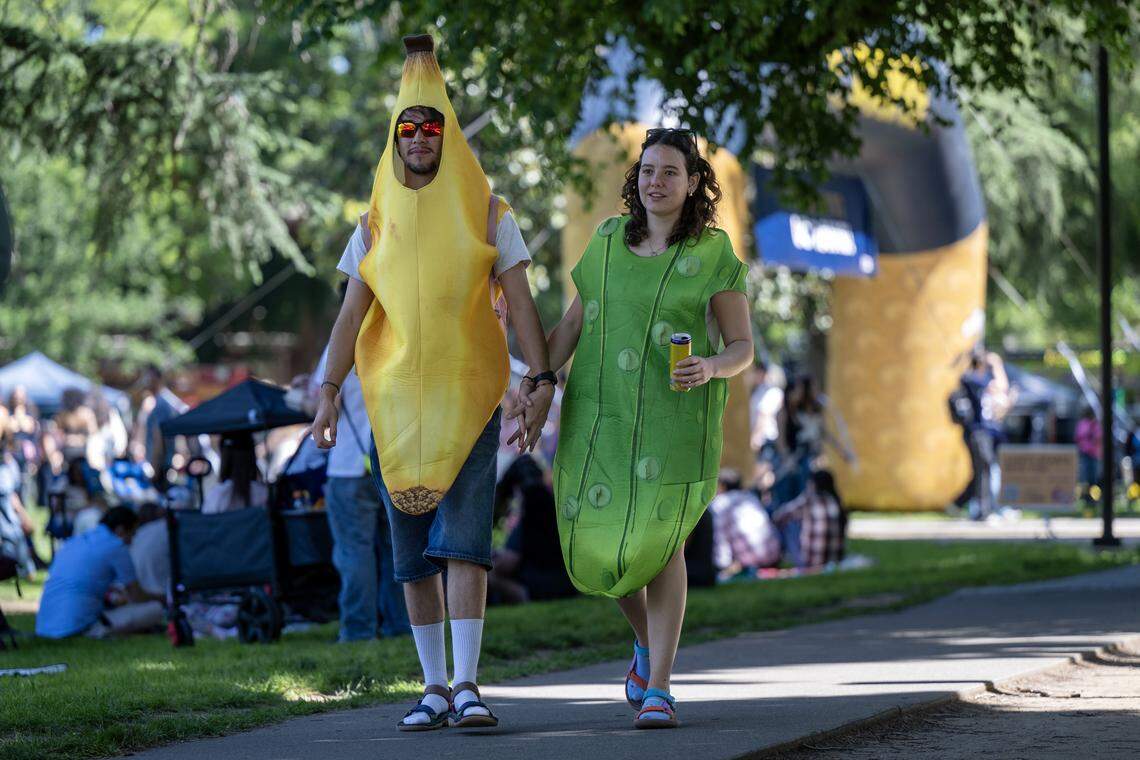 Harrison Oseguera and Milagros Molinari dress as banana and pickle on the UC Davis campus at Picnic Day on Saturday, one year after a shooting in a city park marred the day’s traditional festivities.