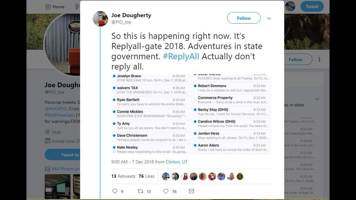 An invitation to a holiday potluck accidentally sent to 25,000 Utah state employees sparked a chain of reply-all emails — many asking people not to hit reply all — that flooded inboxes Friday, reported state officials.