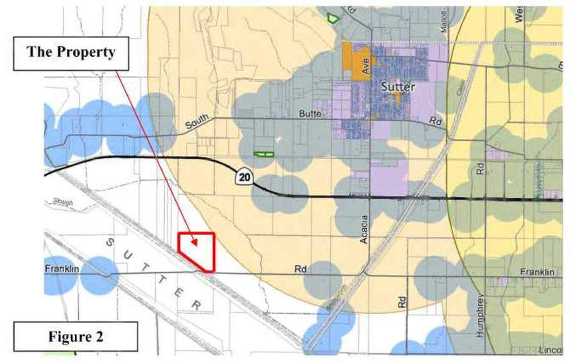 Red borders outside of a restricted zone mark a plot of land that a company leased to farm 120 acres of industrial hemp in Sutter County. The restricted zone later expanded as a private ranch was added as a sensitive receptor, making that land ineligible for hemp farming.