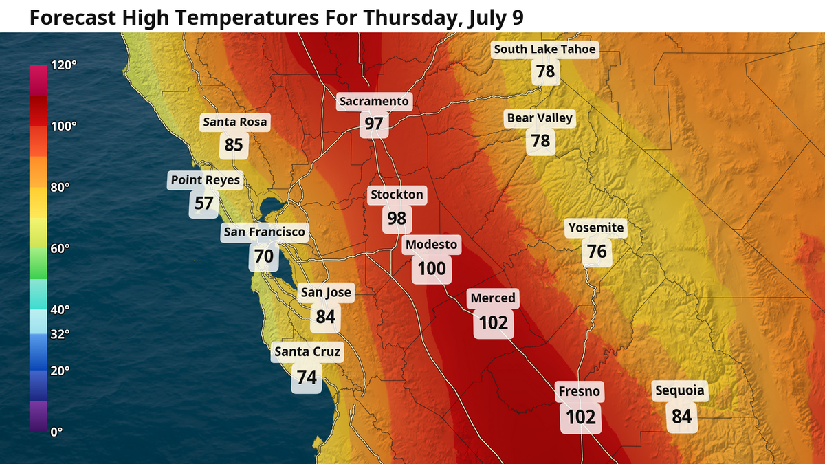 Forecast high temperatures for Thursday, July 9