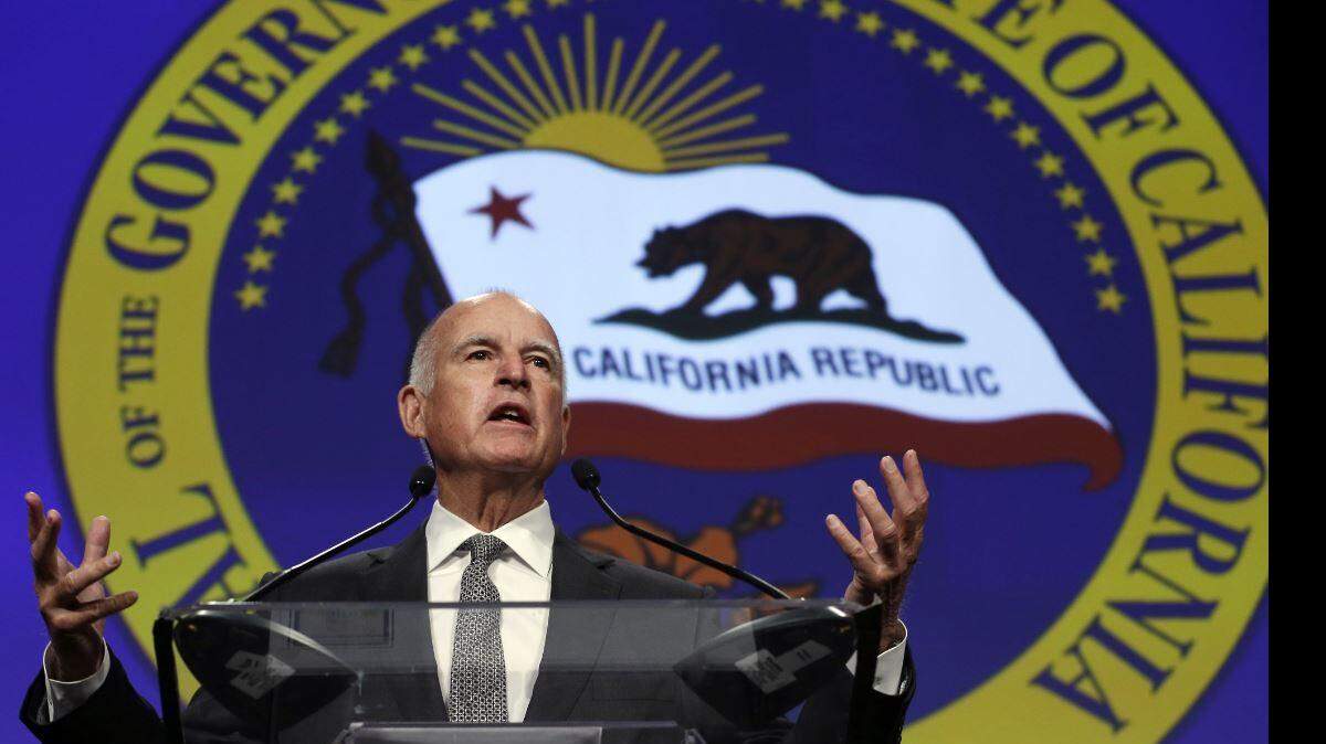 California Gov. Jerry Brown speaks at a gathering of political, business and community leaders at the annual California Chamber of Commerce Host Breakfast in Sacramento, Calif., Thursday, May 28, 2015. (AP Photo/Rich Pedroncelli)