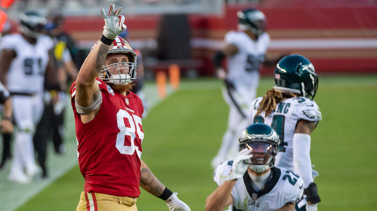 San Francisco 49ers tight end George Kittle (85) makes a 44 yards gain in the second quarter against the Philadelphia Eagles at Levi’s Stadium on Sunday, Oct. 4, 2020 in Santa Clara.