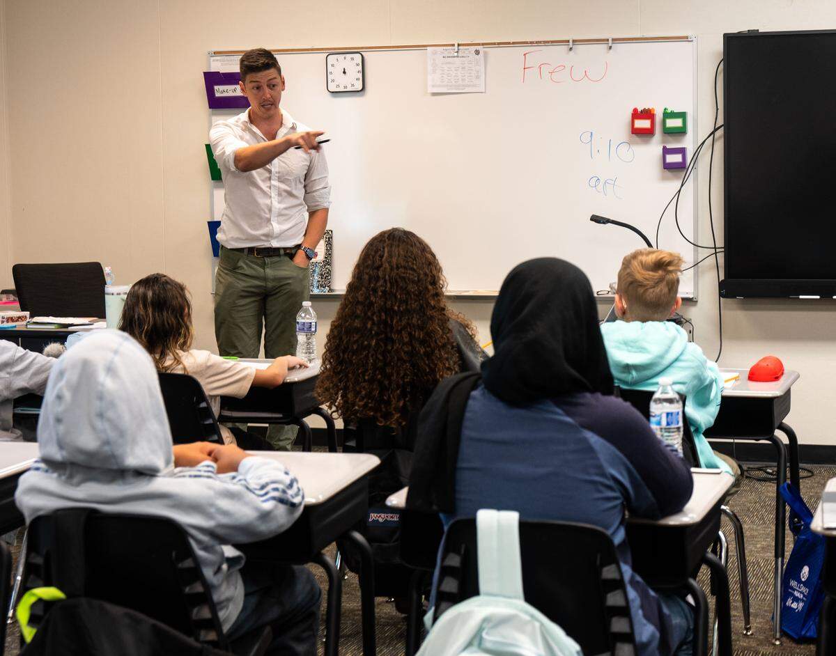 Sixth grade teacher Michael Frew leads class on the first day of school at Riverview STEM Academy on Thursday, Aug. 7, 2025. It's Frew’s first year teaching at the Rancho Cordova school.