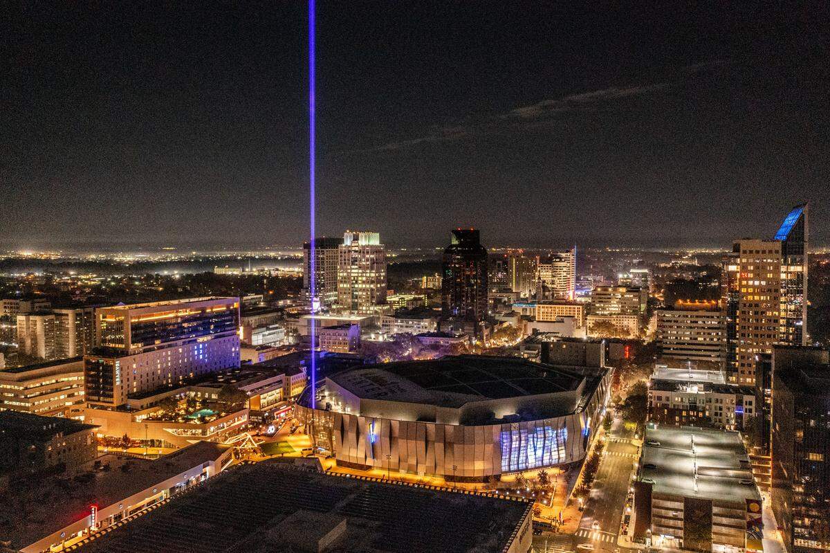 A view of the beam lighting the downtown area after the Sacramento Kings defeated the Golden State Warriors during an NBA in-season tournament game at Golden 1 Center on Nov. 28, 2023.