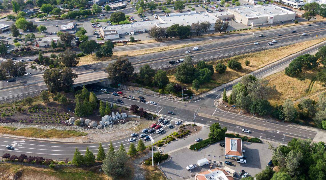 Vehicles exit on the northbound Interstate 80 off-ramp onto Rocklin Road last month. The intersection could someday be rebuilt as part of a diverging diamond interchange, but the project has been postponed. 