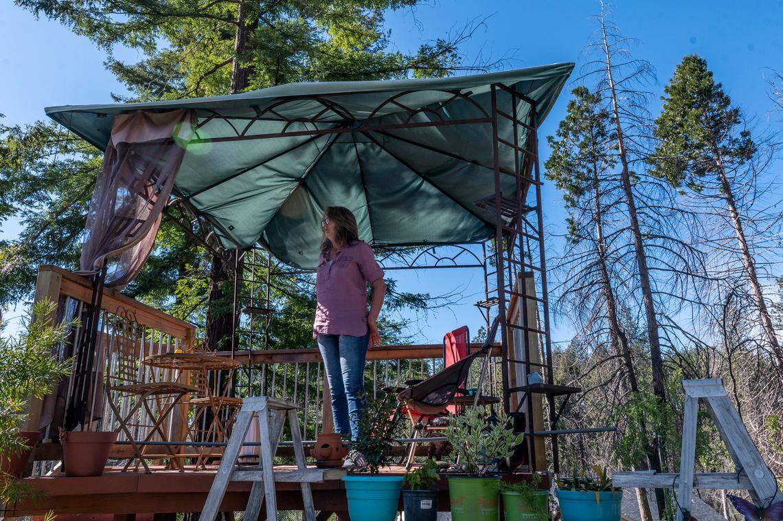 Skeeter Schuette stands on a deck, the only structure that survived the Camp Fire on her property in Paradise, in early March. The deck used to face her above-ground pool she used for water therapy to help with her mobility and healthcare issues.