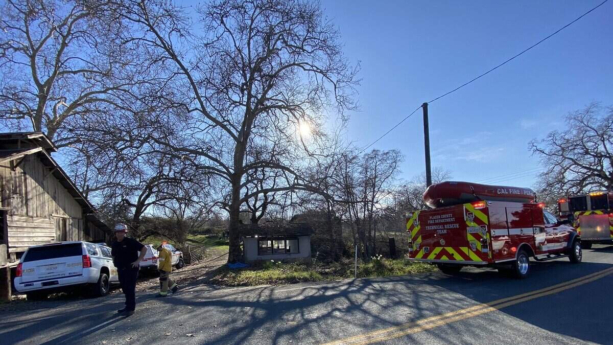 Sheriff’s deputies and fire personnel responded after a tree fell on a person, killing them, in Ophir, Calif. on Monday, Feb. 13, 2023.
