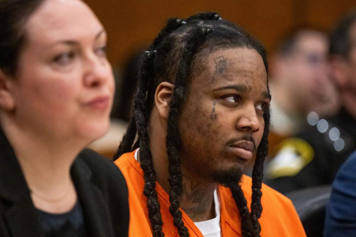 Murder suspect Smiley Martin, 23, listens to testimony in a preliminary hearing in Sacramento Superior Court on Tuesday, April 4, 2024, in the case of the April 2022 mass shooting in downtown Sacramento.