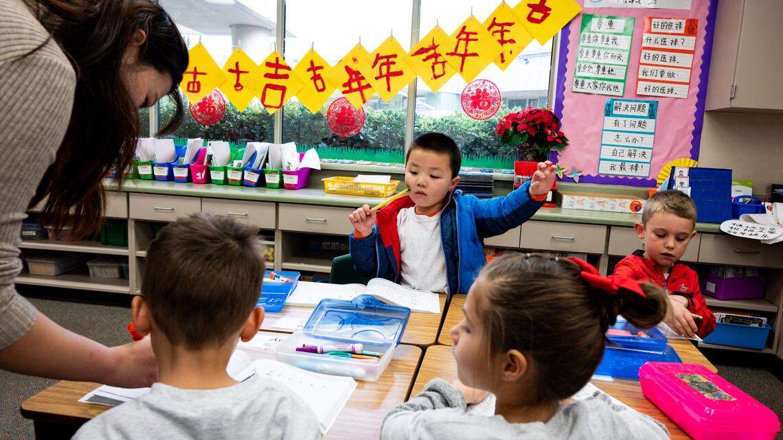 Eddie Guo, 5, center, raises his hand for help as kindergarten teacher Cai Li, far left, goes around the classroom to help students during instruction at the Buckeye Union Mandarin Immersion Charter School, a Chinese immersion program, on Sunday, Jan. 22, 2020, in El Dorado Hills.