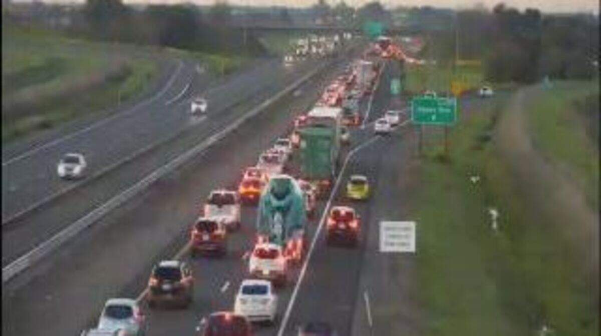 Traffic was backed up to West Elkhorn Boulevard on Highway 99 after a seven-car crash on southbound Interstate 5 Tuesday morning at Del Paso Road.