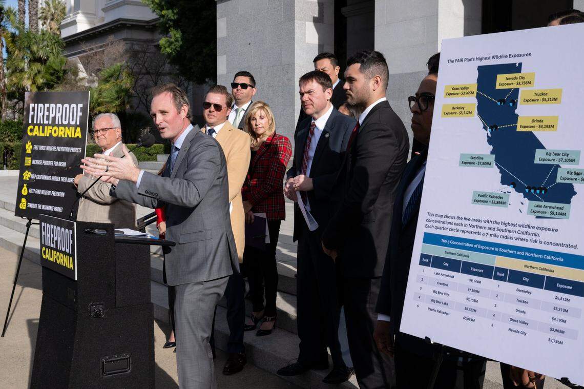 Assembly Republican Leader James Gallagher speaks at a press conference at the state Capitol on Monday as GOP legislators called for enhanced wildfire prevention efforts and actions to stabilize the state’s insurance market.