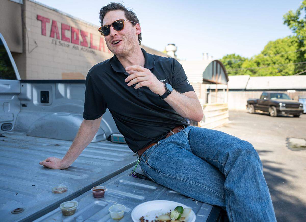 After finishing a plate of tacos in the back of his truck in Sacramento, local TikTok star Ivan Martinez talks about practicing Spanish by ordering meals at Latin American restaurants. His video posts about learning the language through food have earned more than 250,000 followers on the platform.