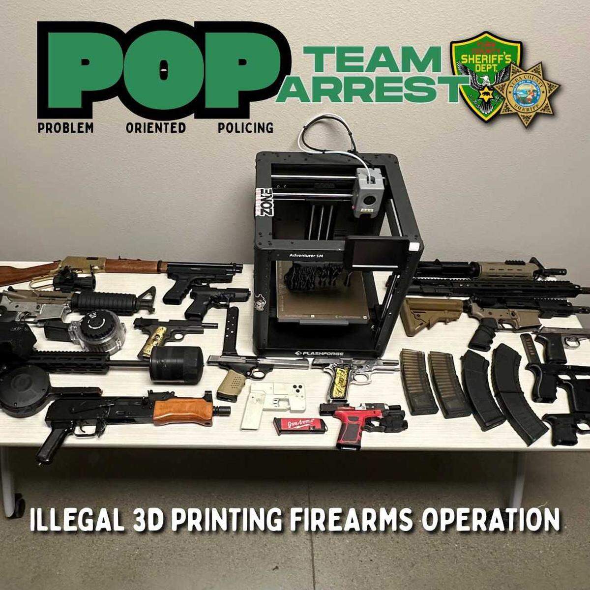 Investigators on Friday arrested three men and seized handguns and assault weapons at a Yuba County home, where they found a 3D printing workshop to produce parts for ghost guns.