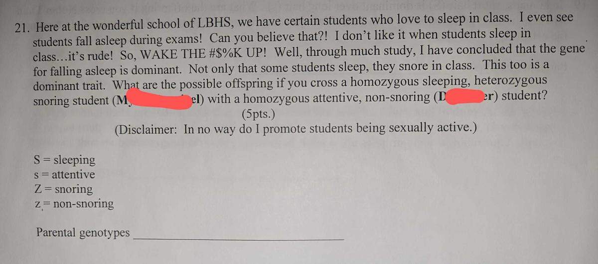 This test question appeared on a Luther Burbank High School biology final in June 2024. Student names were obscured by the sources who provided the images to the Sacramento Bee. The question reads: “Here at the wonderful school of LBHS, we have certain students who love to sleep in class. I even see students fall asleep during exams! Can you believe that?! I don’t like it when students sleep in class… it’s rude! So, WAKE THE #$%K UP! Well, through much study, I have concluded that the gene for falling asleep is dominant. Not only that some students sleep, they snore in class. This too is a dominant trait. What are the possible offspring if you cross a homozygous sleeping, heterozygous snoring student (student name) with a homozygous attentive, non-snoring (student name) student?”