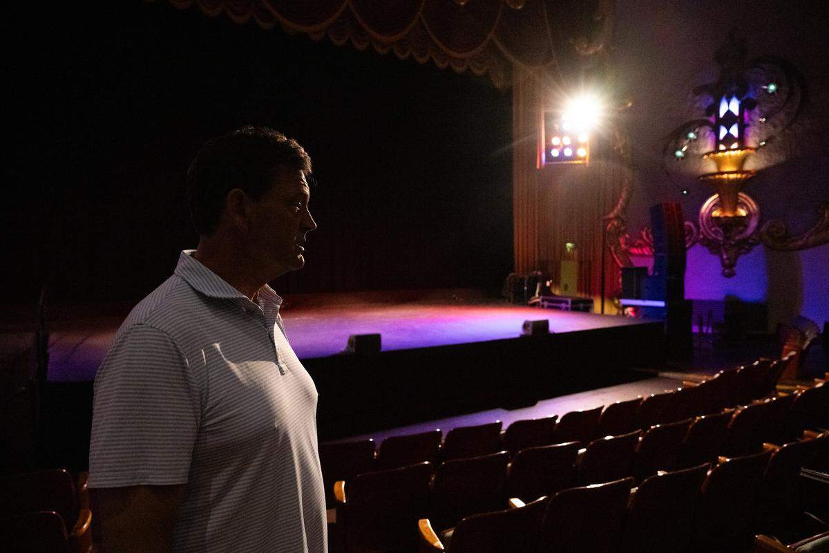 Robert Emerick, who is renovating the historic Crest Theatre, stands in the Sacramento venue earlier this month. He has owned the Crest Commercial Center since 2011 and managed the venue from 2014 to 2019, and again since May 2025.